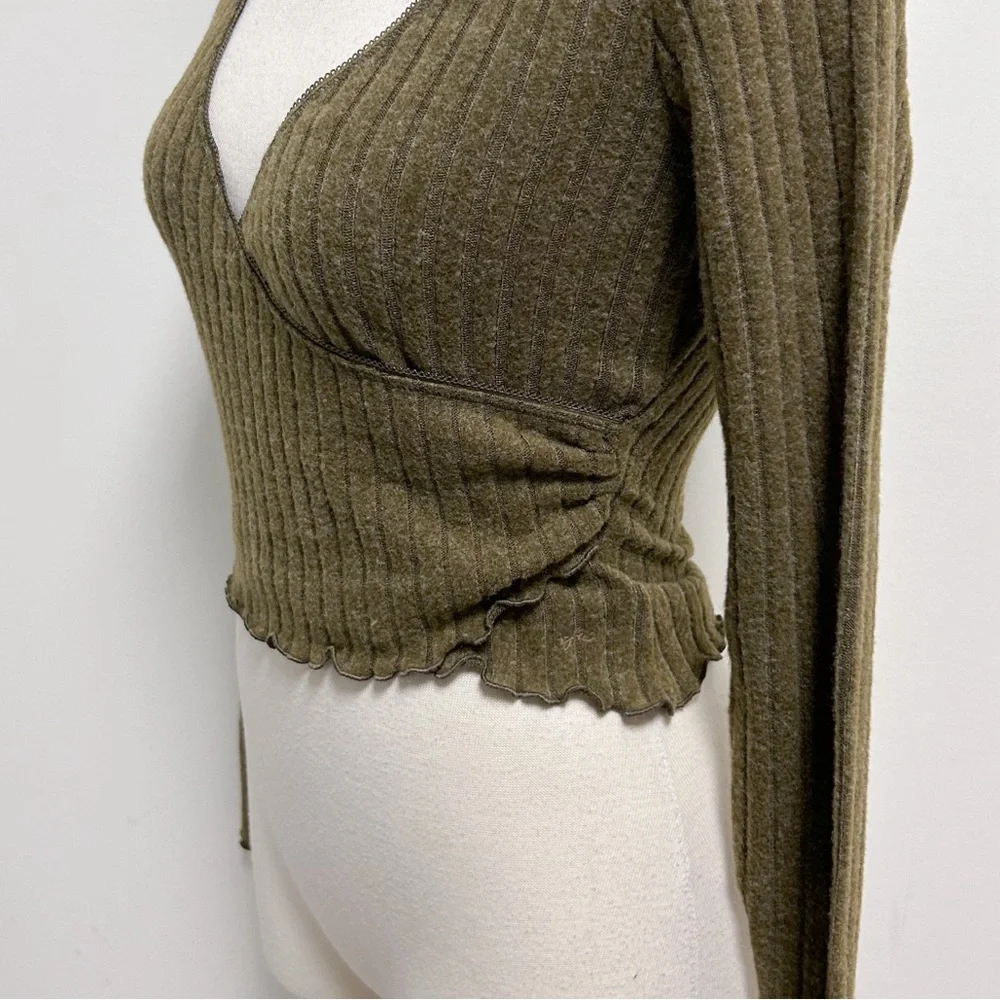 Out From Under Olive Green Lila Ribbed Faux Wrap Brushed V Neck Lounge Top NWT